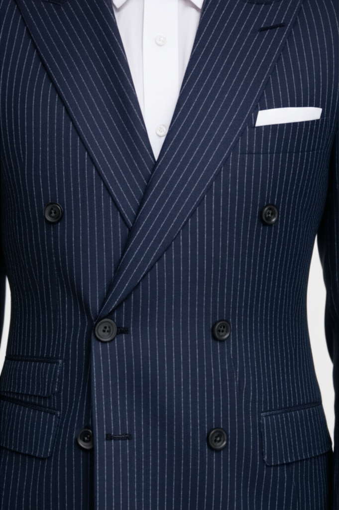 TailorWear Double Breasted Suit made in Guabello Suiting in Dark Blue Base and White Pinstripes