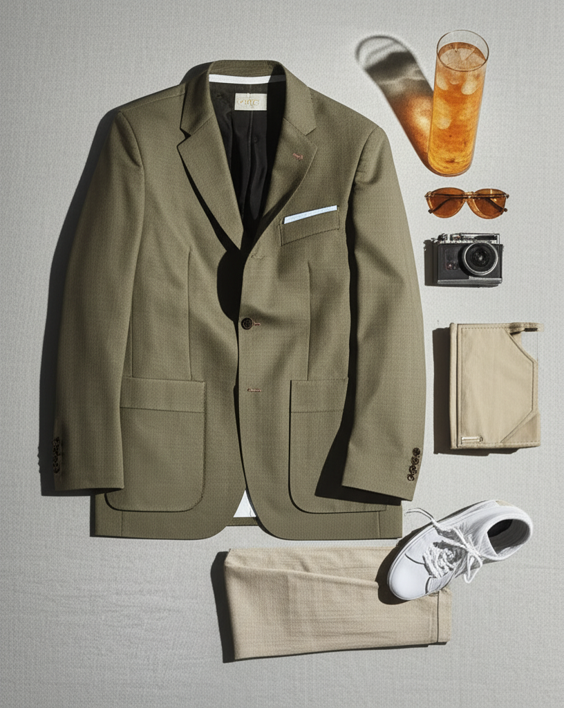 Spezzato outfit ideas for Men - Olive Blazer, Beige Trousers