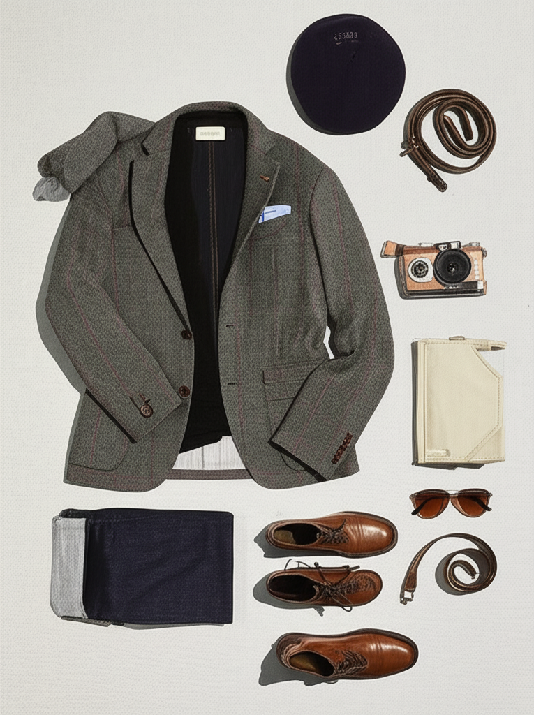 Spezzato Combination for winter travel in tweed jacket, Dark blue woolen trousers or denims and chelsea boots