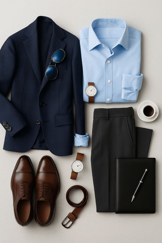 Spezzato outfit ideas for Men - Blue Blazer, Grey Trousers