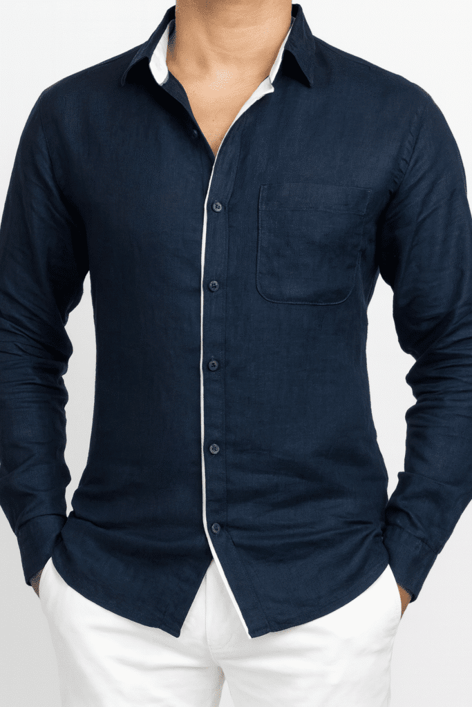 tailored linen shirt in blue color and white color detailing