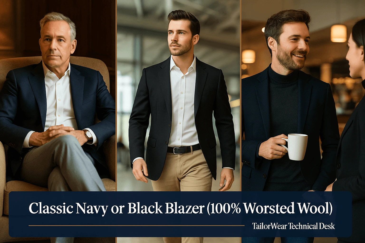 Classic navy blazer in worsted wool, two-button notch lapel