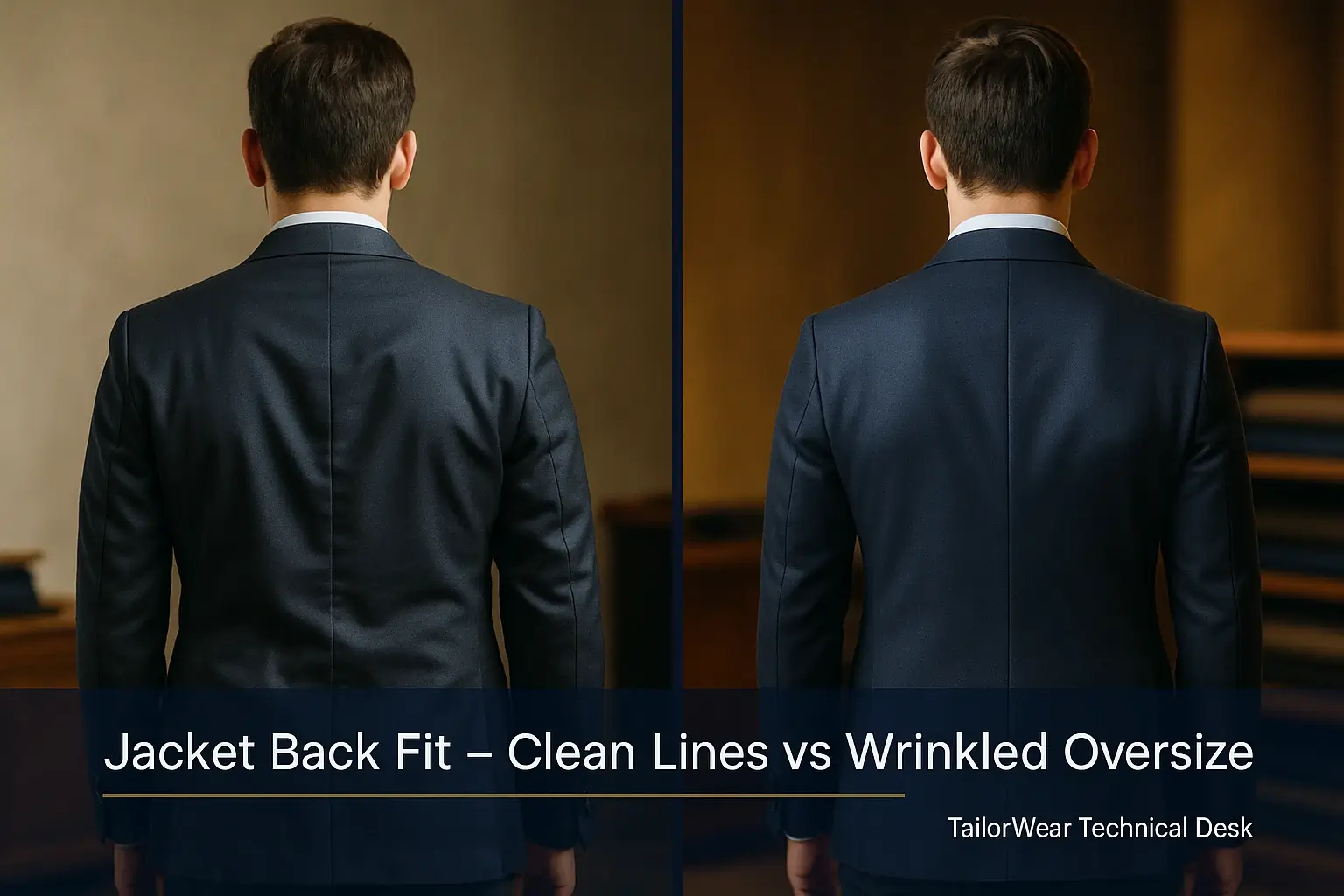 Back of a well-fitted blazer without wrinkles or extra fabric, as compared to ill fitted jacket back.
