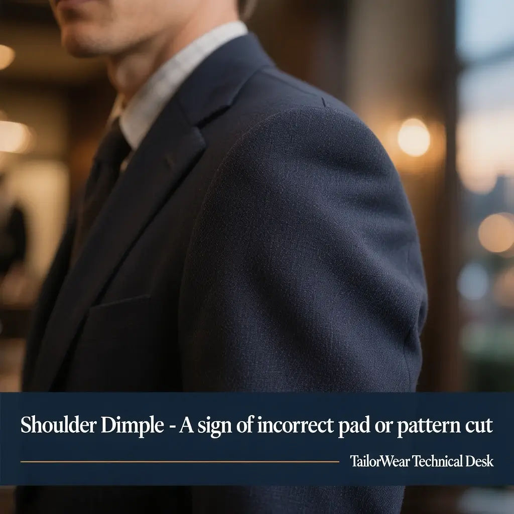 Blazer shoulder drape showing no dimples or puckering.