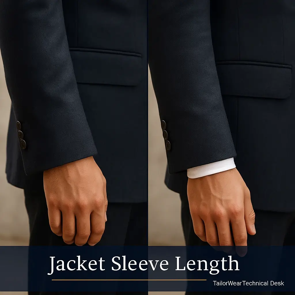 Proper blazer sleeve length revealing half-inch of shirt cuff.