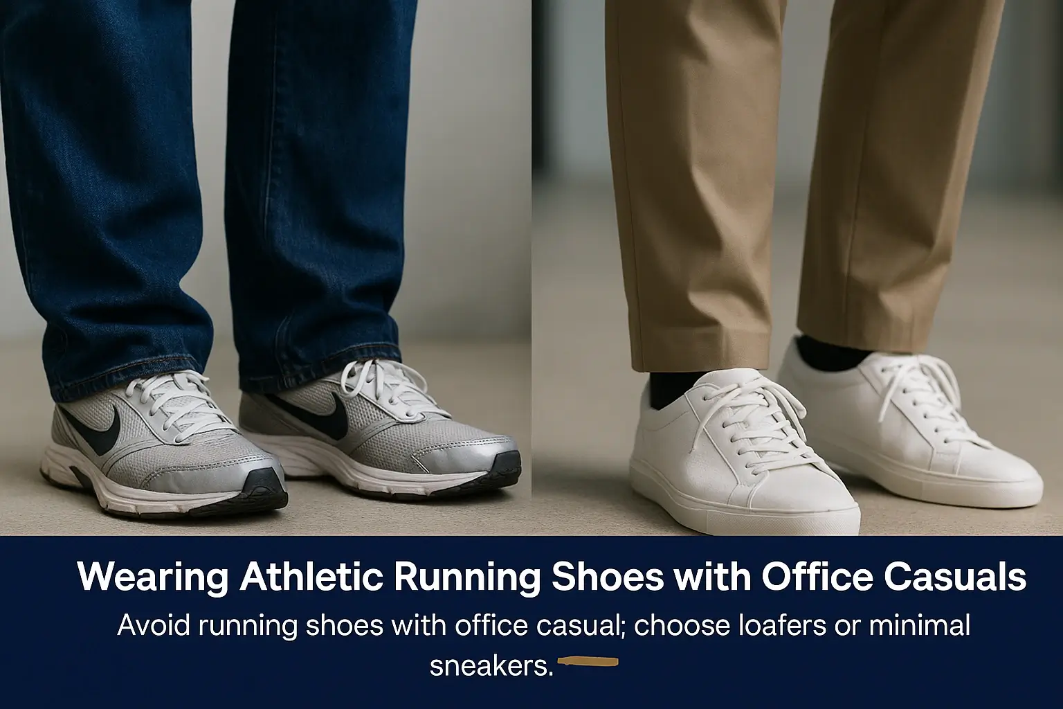 Avoid running shoes with office casual; choose loafers or minimal sneakers