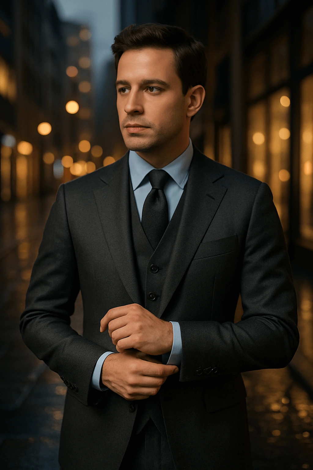 Full-body: man wearing charcoal three-piece suit with light blue poplin shirt, on an urban street at dusk.