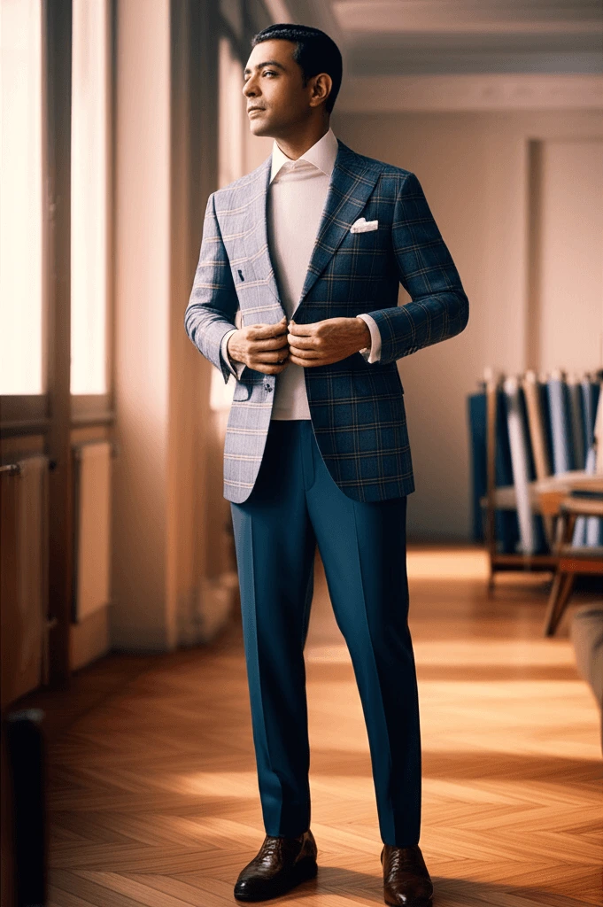Full-body: man wearing white shirt, light grey merino sweater and grey-blue glen-check sport coat, tailored navy trousers and brown oxford shoes in a tailoring studio.
