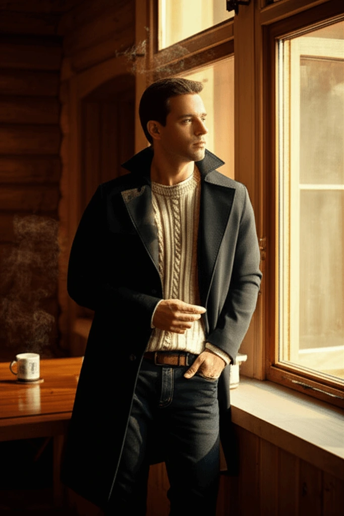 Full-body: man in matte black trench coat over cream knit and dark indigo jeans, cabin interior with morning light.