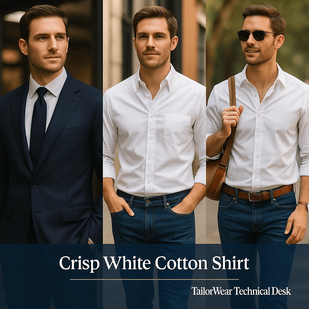Crisp white cotton shirt tailored for men